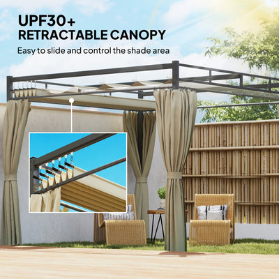 Outsunny 3 x 3 m Pergola with Retractable Roof Canopy and Curtains, UPF30+ Metal Frame Garden Pergola Gazebo Sun Shade, Khaki 
