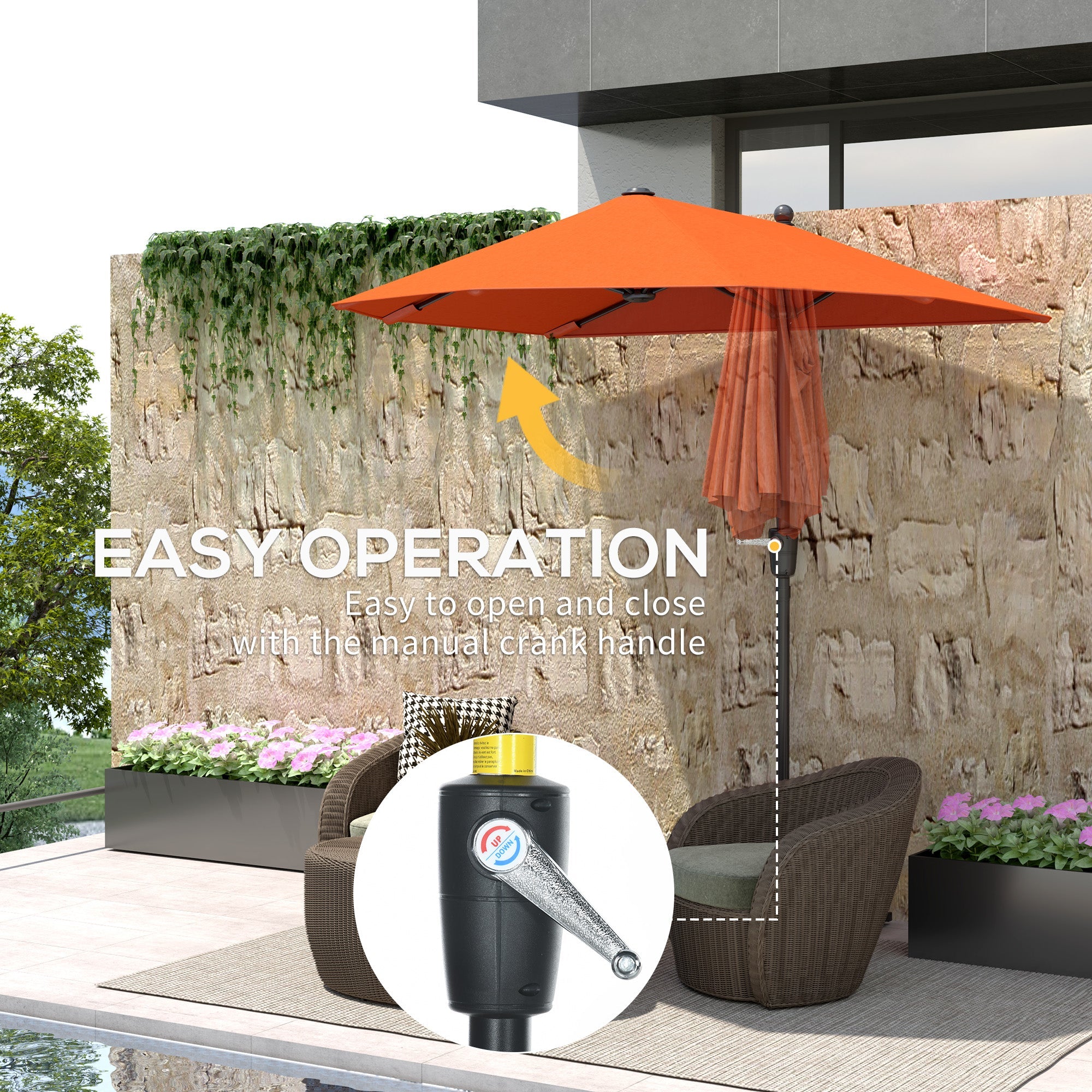 Outsunny 2m Half Parasol Market Umbrella Garden Balcony Parasol with Crank Handle, Cross Base, Double-Sided Canopy, Orange 