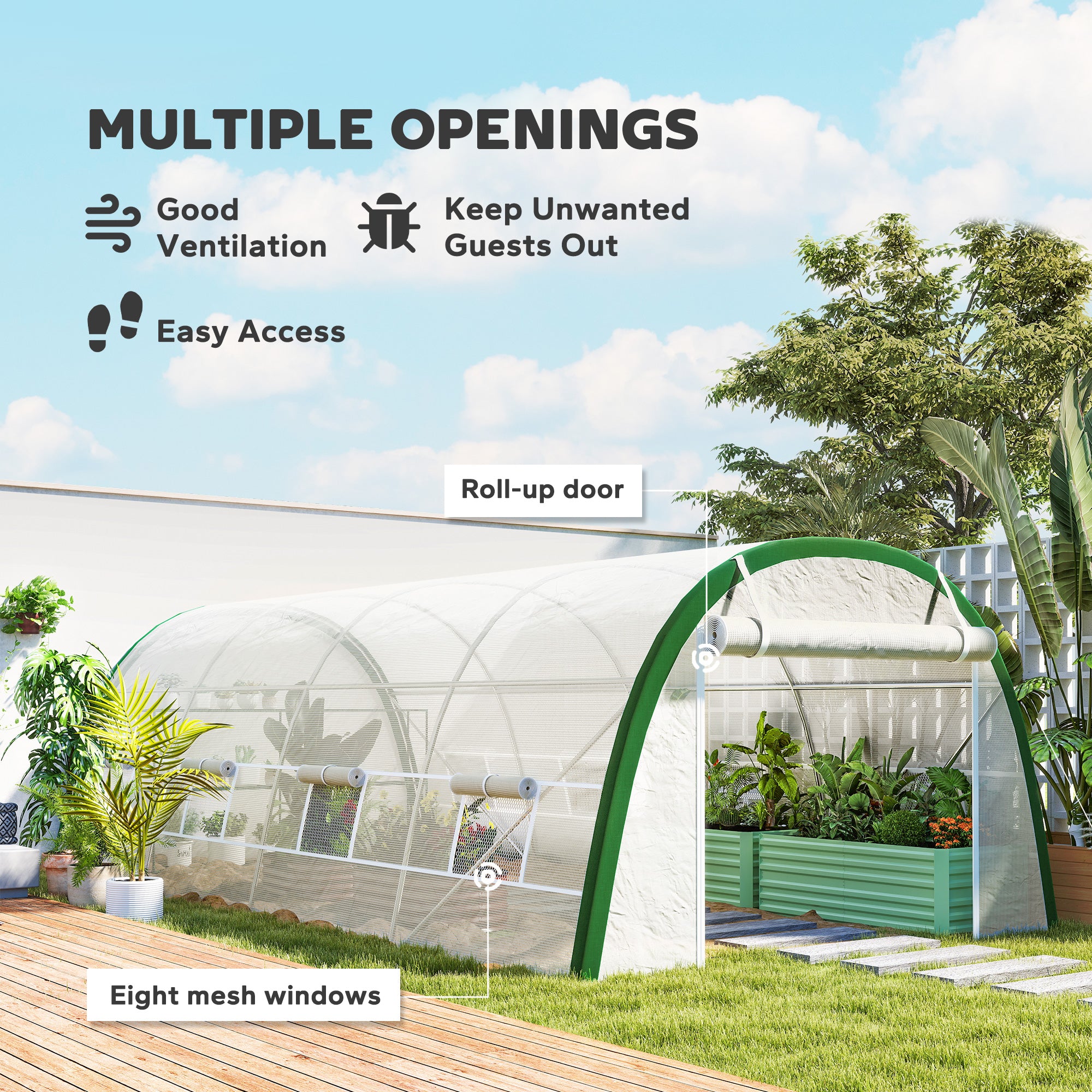 Outsunny Walk-in Polytunnel Greenhouse Tunnel Warm House Tent with Zipped Doors, 8 Mesh Windows, PE Cover, 6 x 3 m, White 