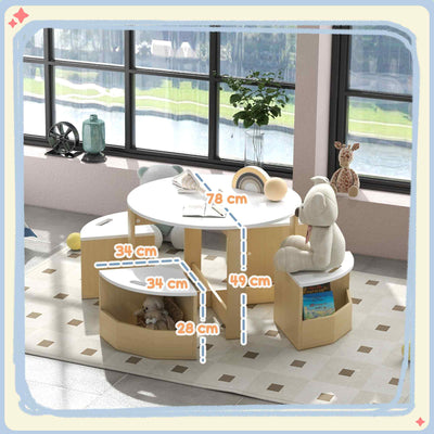 AIYAPLAY Five-Piece Kids Table and Chairs Set with Storage, for Ages 3-8 Years, White 