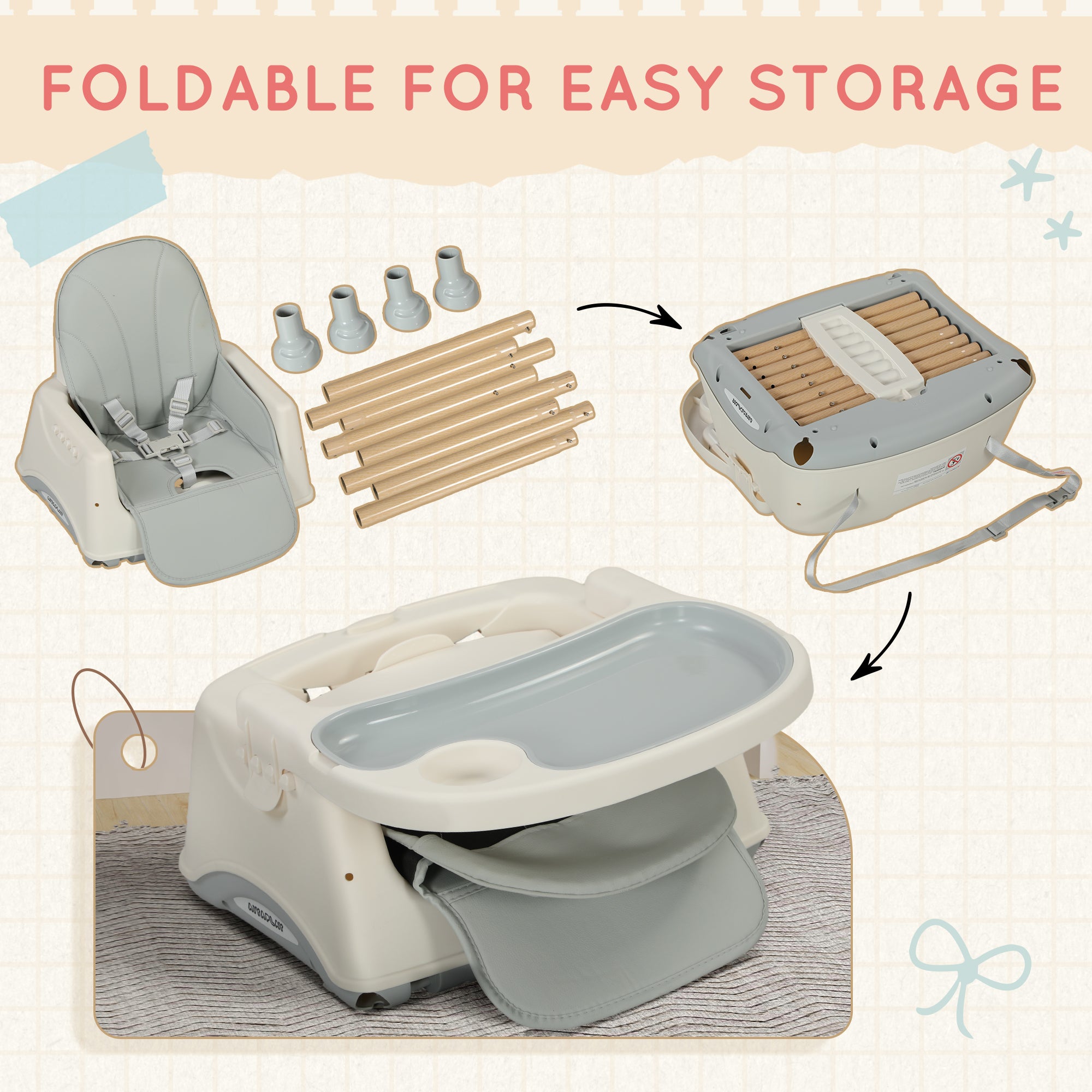 AIYAPLAY 3-in-1 Foldable High Chair for Babies, Toddlers, with Safety Harness, Washable Removable Seat Cushion, Tray, Grey