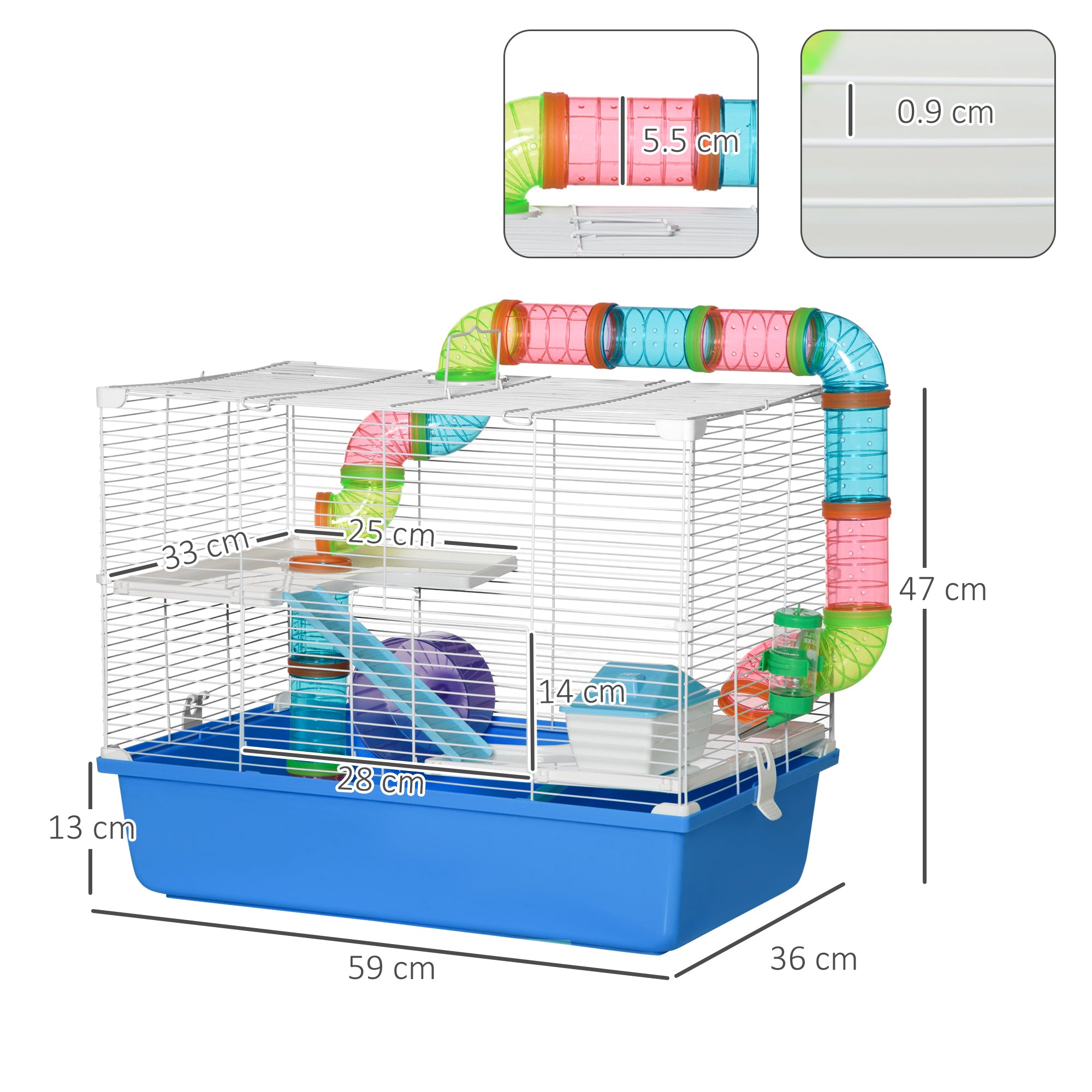 PawHut Hamster Cage, Gerbil Cage 3 Tier for Dwarf Hamster with Tube, Exercise Wheel, Water Bottle, Food Dish 59 x 36 x 47 cm- Blue 