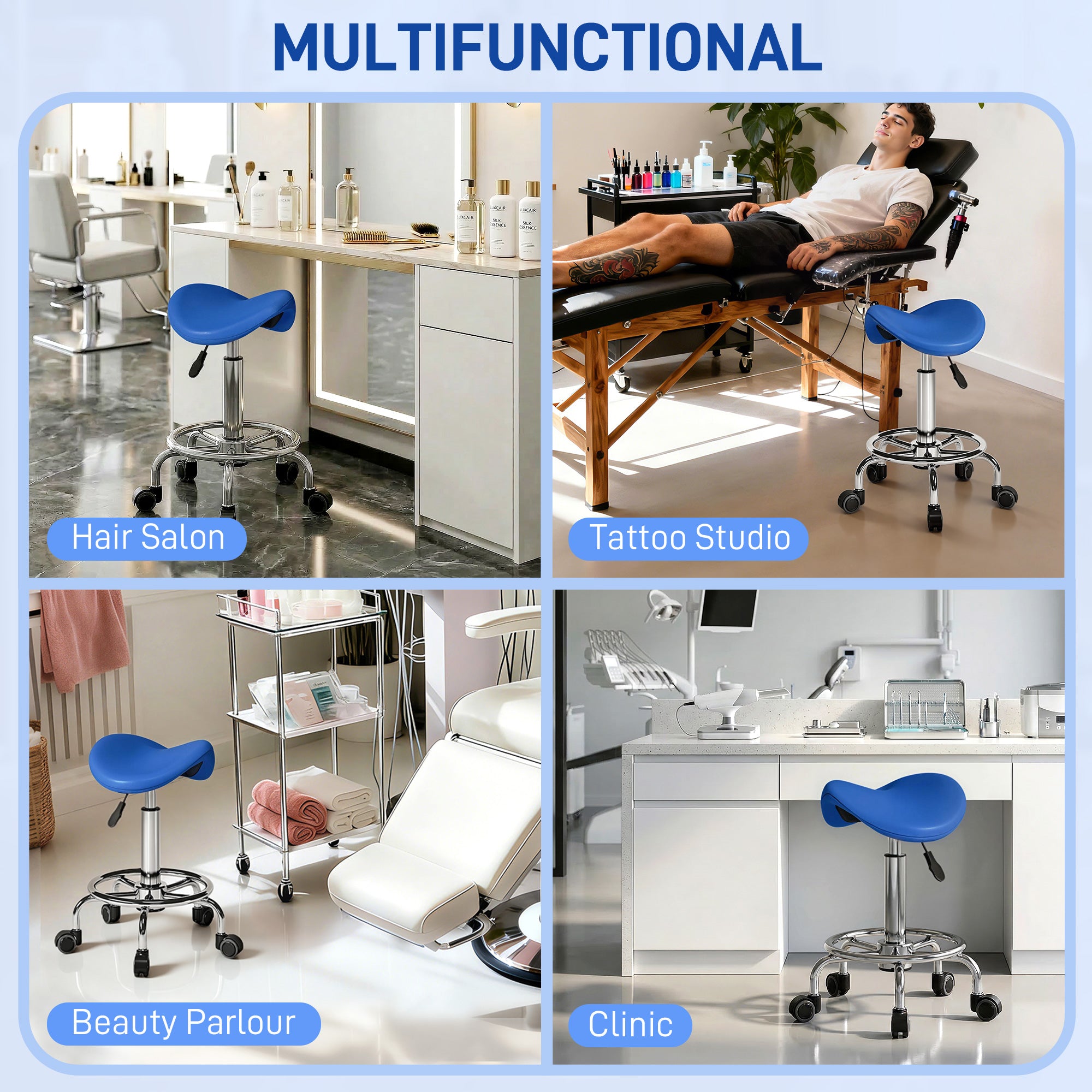 HOMCOM Salon Saddle Stool, Rolling Saddle Chair for Massage, Spa, Clinic, Beauty, Hairdressing and Tattoo, Blue 