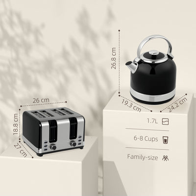 HOMCOM Polished Metal Kettle and Toaster Set - Black 