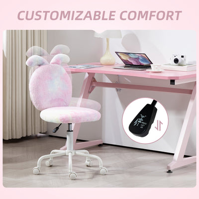 HOMCOM Fuzzy Office Chair with Bunny Ears, Faux Fur Swivel Desk Chair, Armless Makeup Vanity Chair with Adjustable Height for Bedroom, Study Room, Colourful 