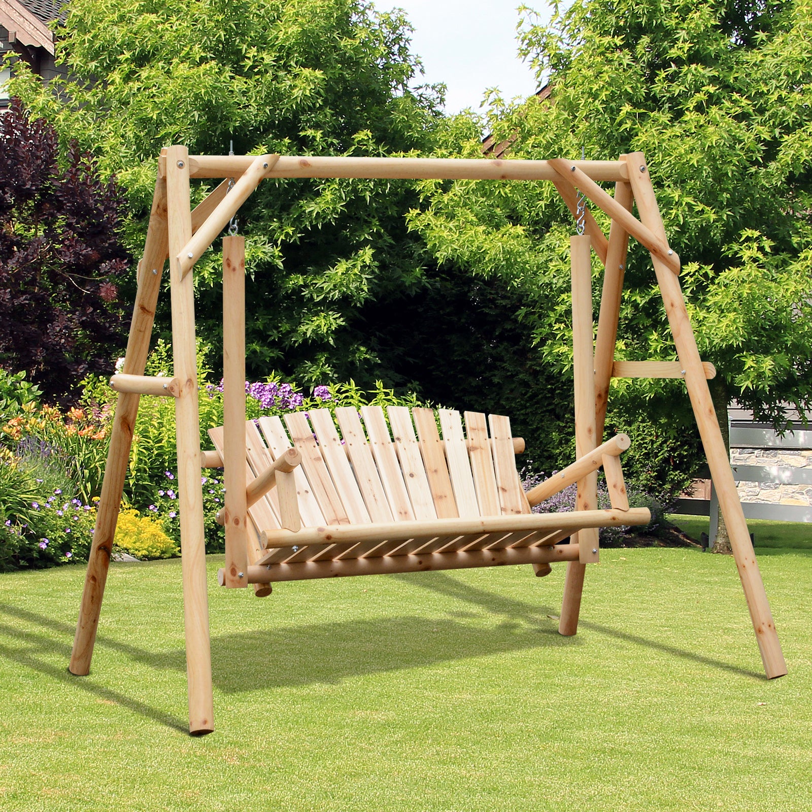 Outsunny Outdoor 2 Seater Swing Chair Larch Wood Garden Swing Seat Porch Hammock Bench Lounger 