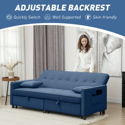 HOMCOM Three-Person Velvet-Feel Sofa Bed - Blue 