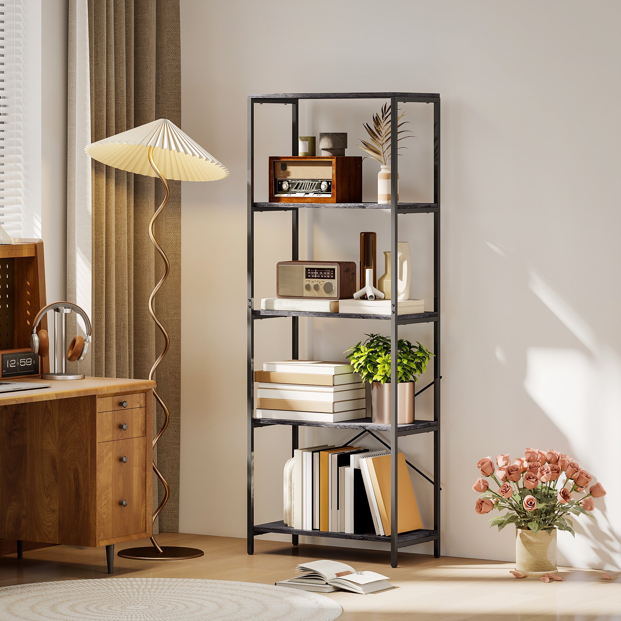HOMCOM 5-Tier Bookshelf, Industrial Bookcase with Metal Frame - Dark Grey and Black 