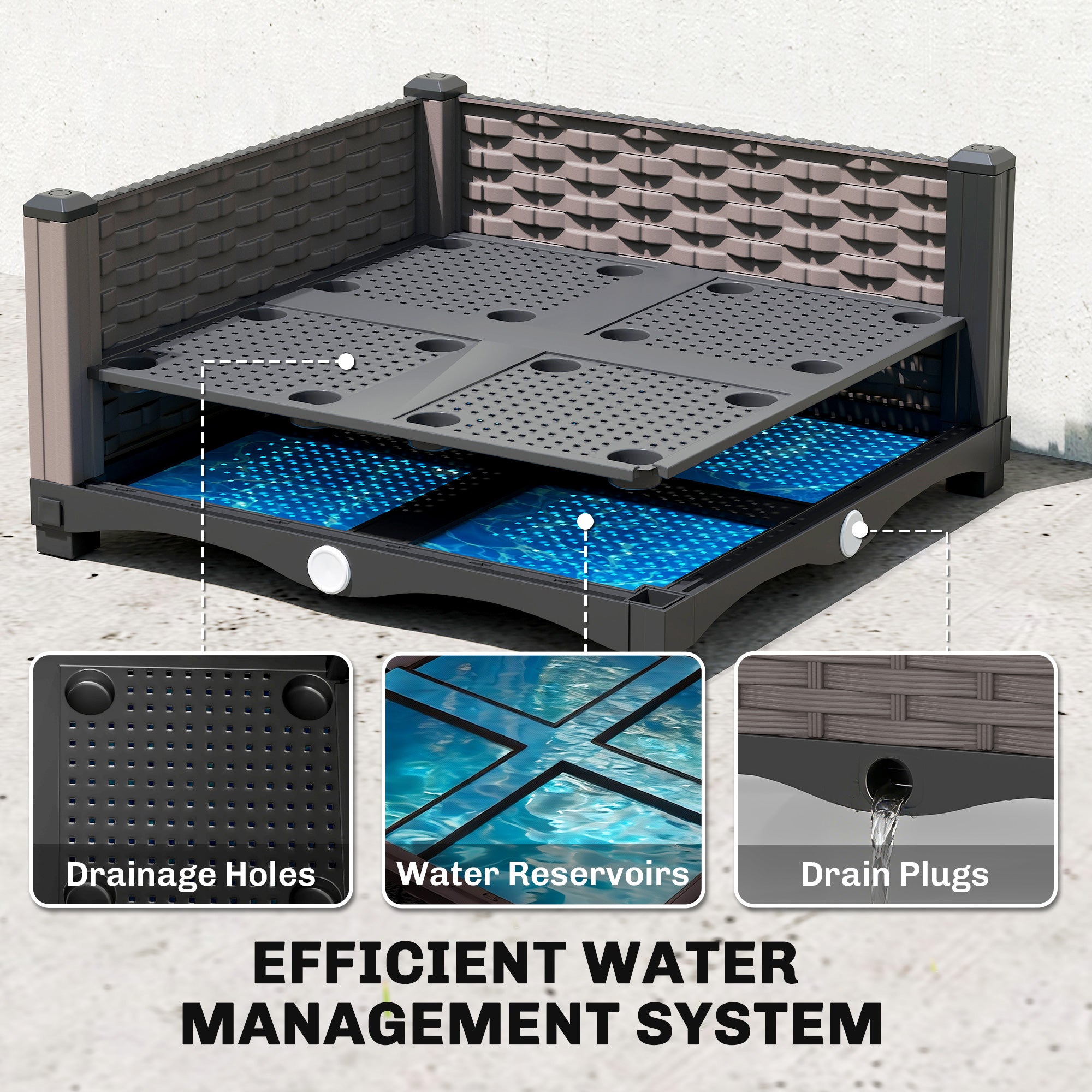 Outsunny Raised Garden Bed with Trellis, Plastic Planter Box with Drainage Holes, Drain Plugs and Water Reservoirs 