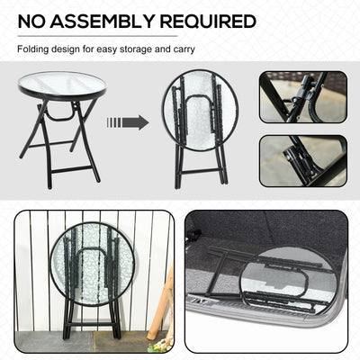 Outsunny Foldable Garden Table, Round Folding Table with Glass Tabletop and Safety Buckle for Patio, Garden, Outdoor, Indoor, Black 