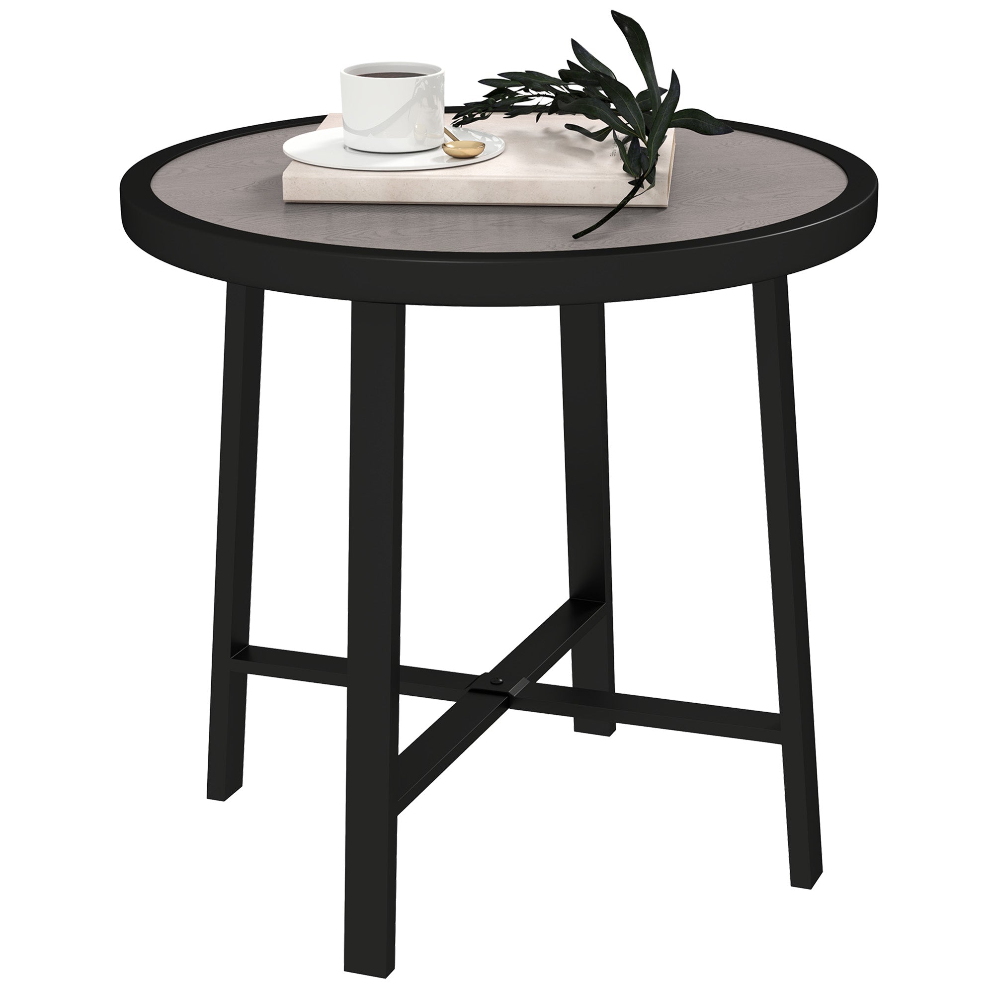 Outsunny Round Small Garden Table, 50.5cm Outdoor Side Table with SPC Tabletop, Metal Frame and Anti-slip Foot Pads for Garden, Balcony, Grey Wood Effect 