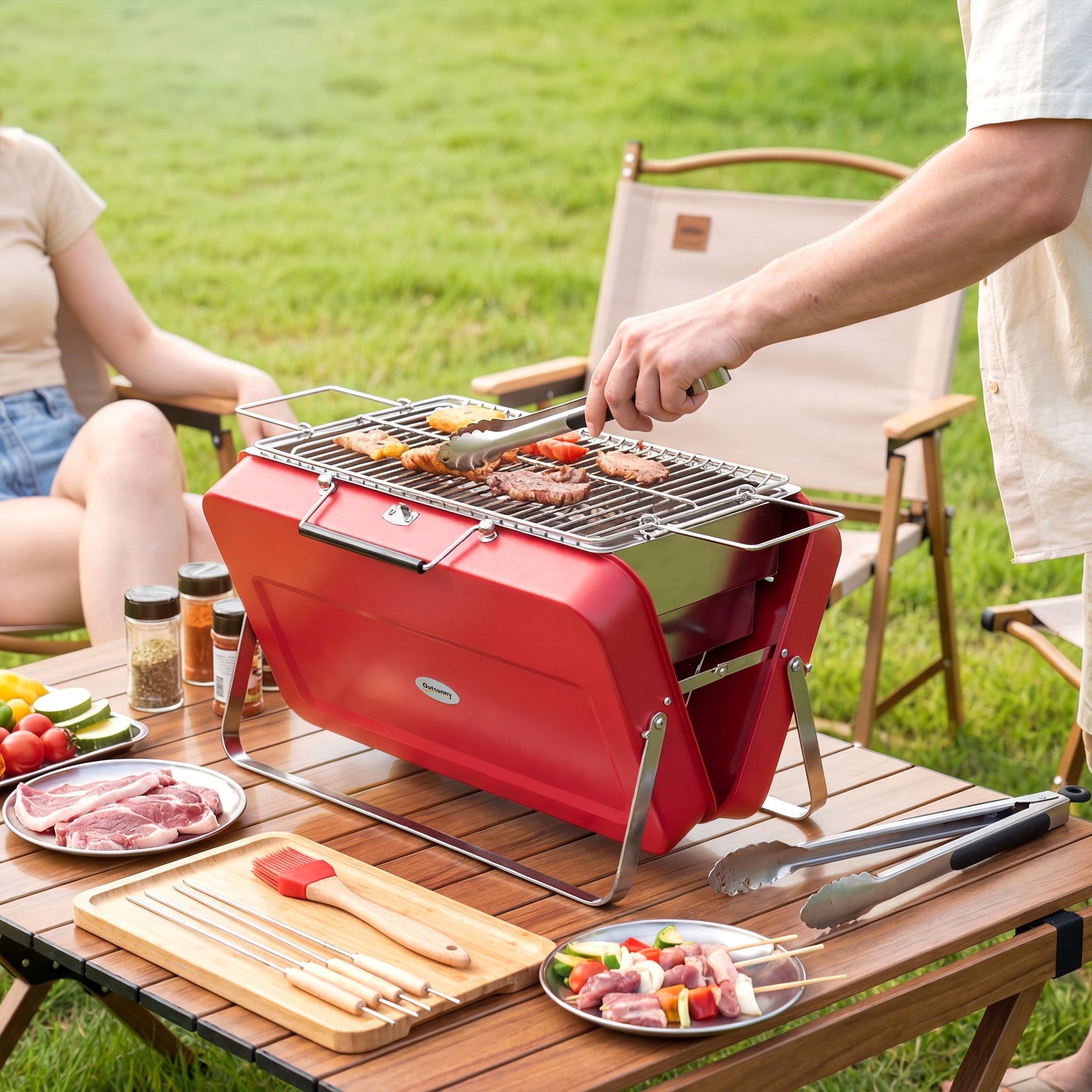 Outsunny Portable Mini Charcoal Barbecue Grill with Suitcase Shell, Outdoor Folding Tabletop BBQ Grill, Red 