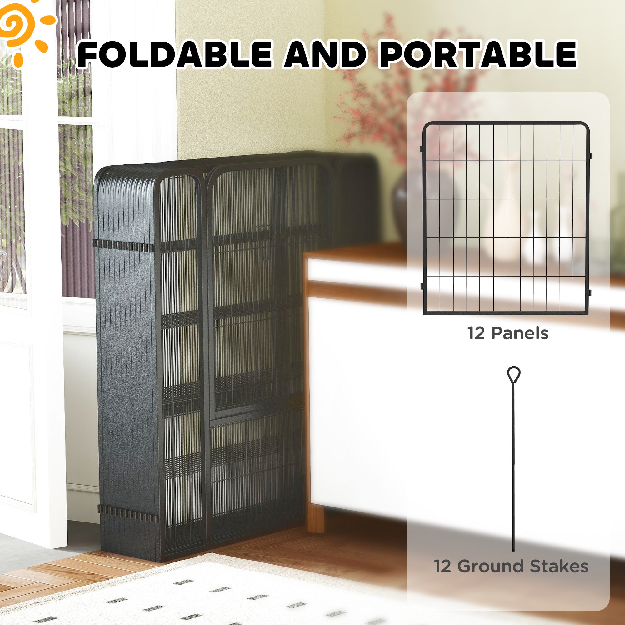 PawHut 12 Panels Heavy Duty Dog Playpen with Doors, for Medium Dogs, 80cm High, Black 