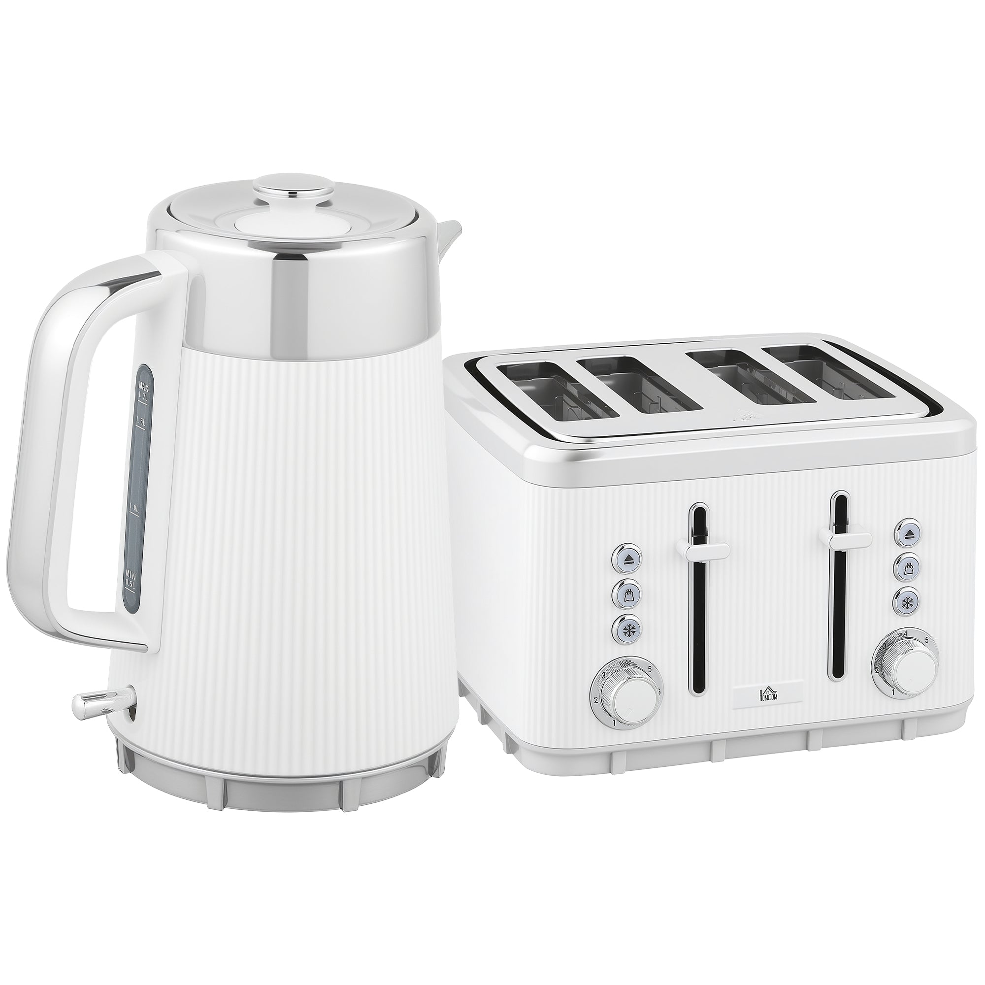 HOMCOM Electric Stainless Steel Kettle and Toaster Set, 3000W 1.7L UK Strix Thermostat Fast Boil Kettle w/ Limescale Filter, Cool Touch Body, 4 Slice Toaster with 7 Browning Levels, Crumb Tray, White