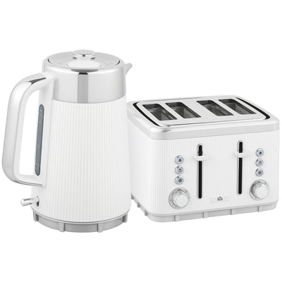 HOMCOM Electric Stainless Steel Kettle and Toaster Set, 3000W 1.7L UK Strix Thermostat Fast Boil Kettle w/ Limescale Filter, Cool Touch Body, 4 Slice Toaster with 7 Browning Levels, Crumb Tray, White 