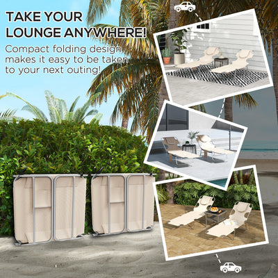 Outsunny Foldable Sun Lounger Set of 2, Beach Chaise Lounges with Reading Hole, Arm Slots, 5-Position Adjustable Backrest, Side Pocket, Pillow for Patio, Garden, Beach, Pool, Beige 