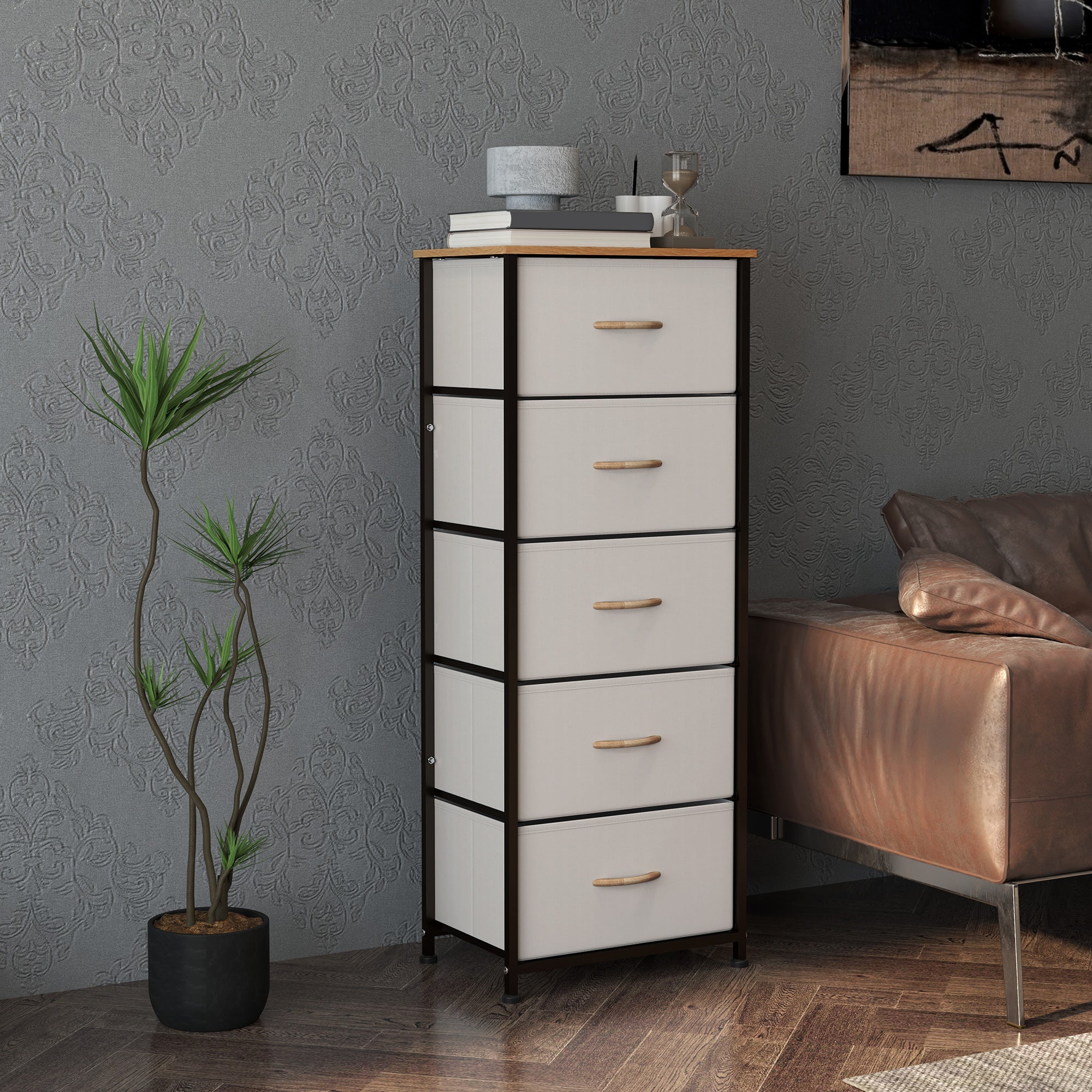 HOMCOM Fabric Chest of Drawers, Storage Drawers, Industrial Bedroom Dresser with 5 Fabric Drawers, Steel Frame and Wooden Top for Nursery, Living Room, Hallway, Cream White 