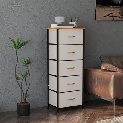 HOMCOM Fabric Chest of Drawers, Storage Drawers, Industrial Bedroom Dresser with 5 Fabric Drawers, Steel Frame and Wooden Top for Nursery, Living Room, Hallway, Cream White 