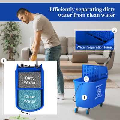 HOMCOM 20L Mop Bucket on Wheels, with Water Separation Panel - Blue 