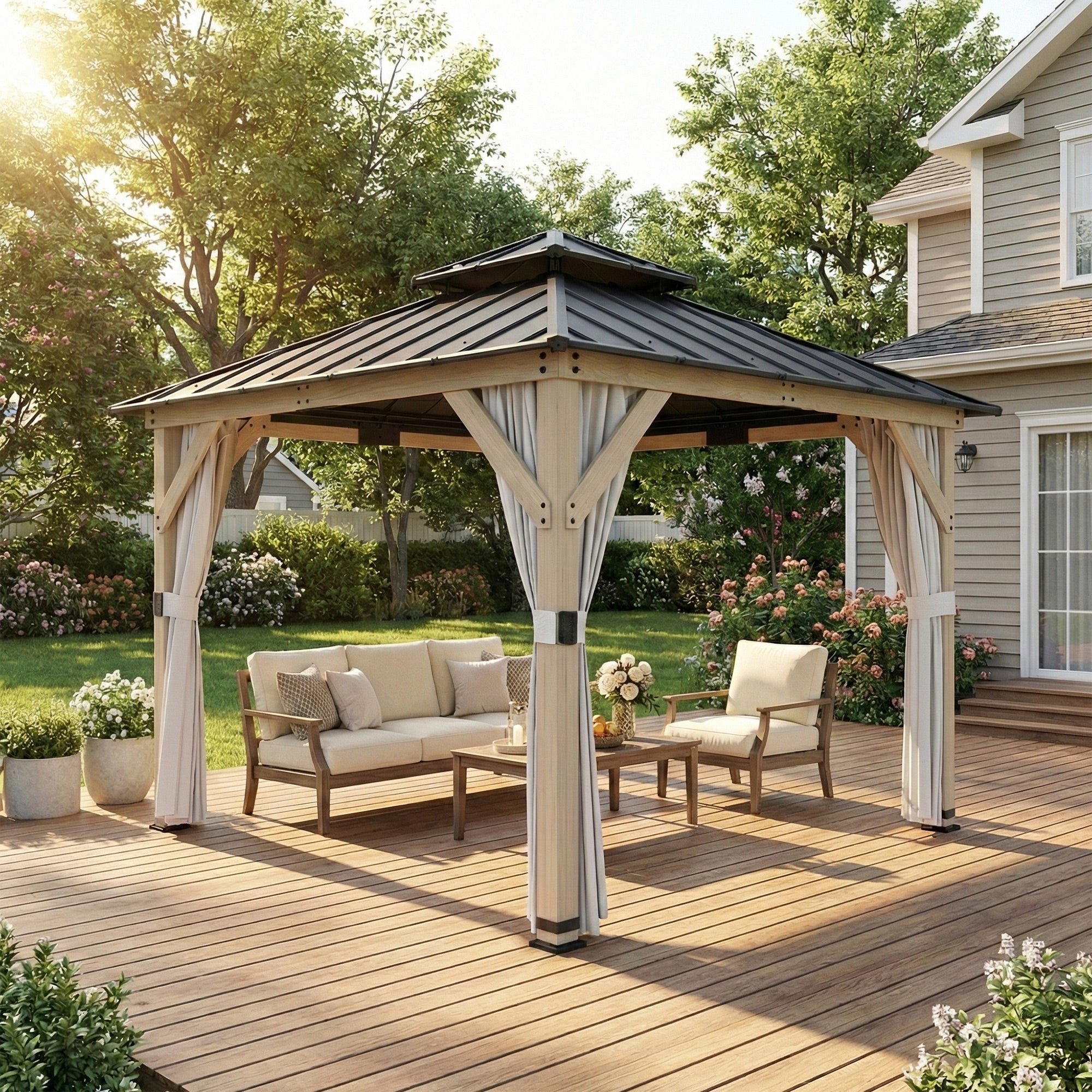 Outsunny 3 x 3 m Outdoor Hardtop Gazebo Canopy with 2-Tier Steel Roof, Wood Garden Gazebo with Curtains, Light Grey 