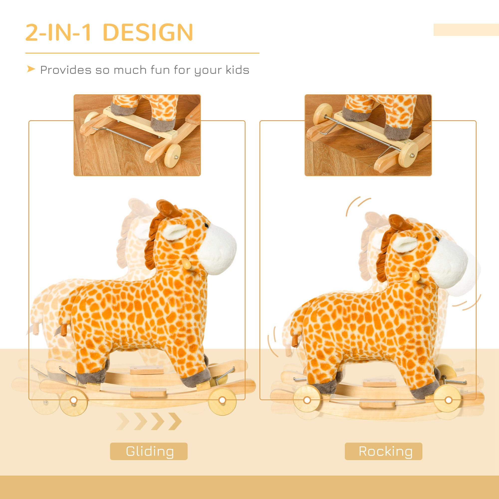 HOMCOM 2 In 1 Kids Todder Rocking Horse Plush Ride On Giraffe Rocker with Wheels Wooden Base Animal Sounds for 3-6 Years 