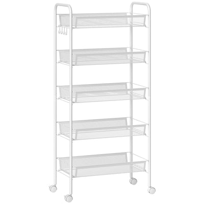 HOMCOM Five-Steel Mesh Basket Storage Trolley, with Wheels - White 