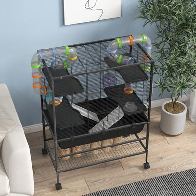 PawHut Large Hamster Cage, Gerbil Cage with Tubes, Storage Shelf, Ramps, Platforms, Running Wheel - Black 