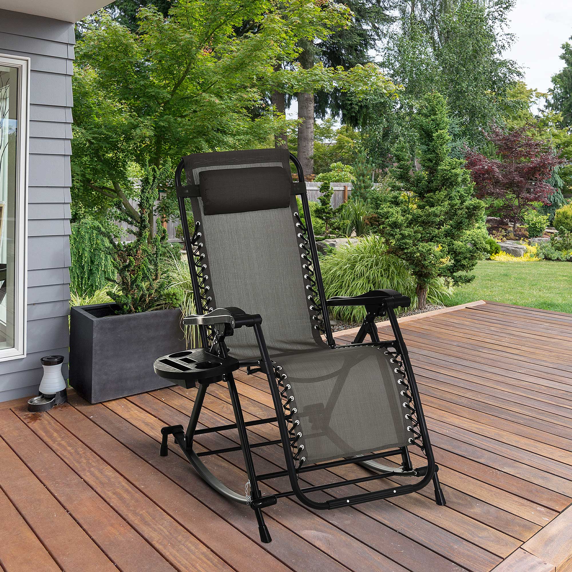 Outsunny Garden Rocking Chair Folding Recliner Outdoor Adjustable Sun Lounger Rocker Zero-Gravity Seat with Headrest Side Holder Patio Deck - Grey 