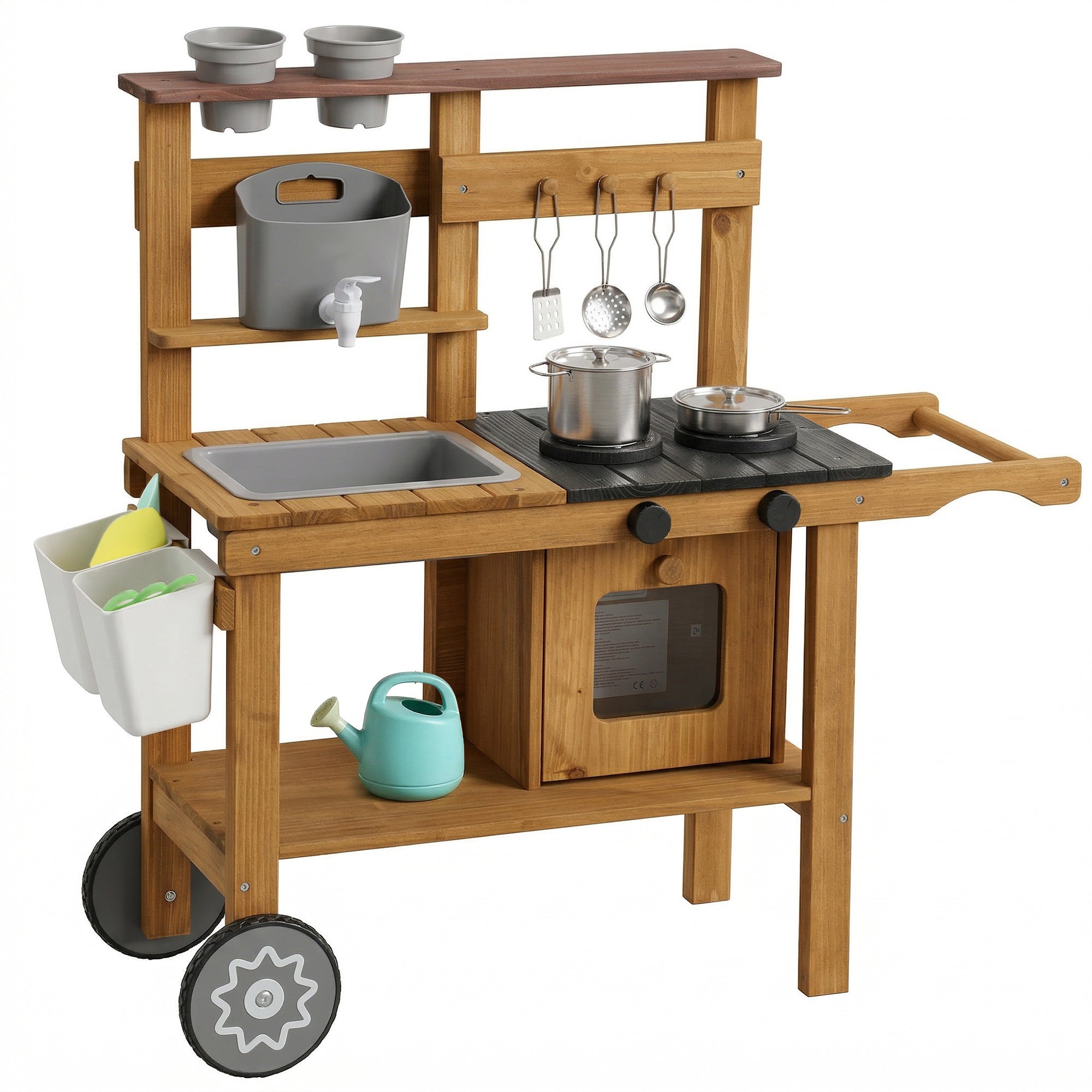 AIYAPLAY Wooden Mud Kitchen with Wheels, Stove, Faucet, Flower Pots, Stainless Steel Accessories for Toddlers 3-6, Brown 