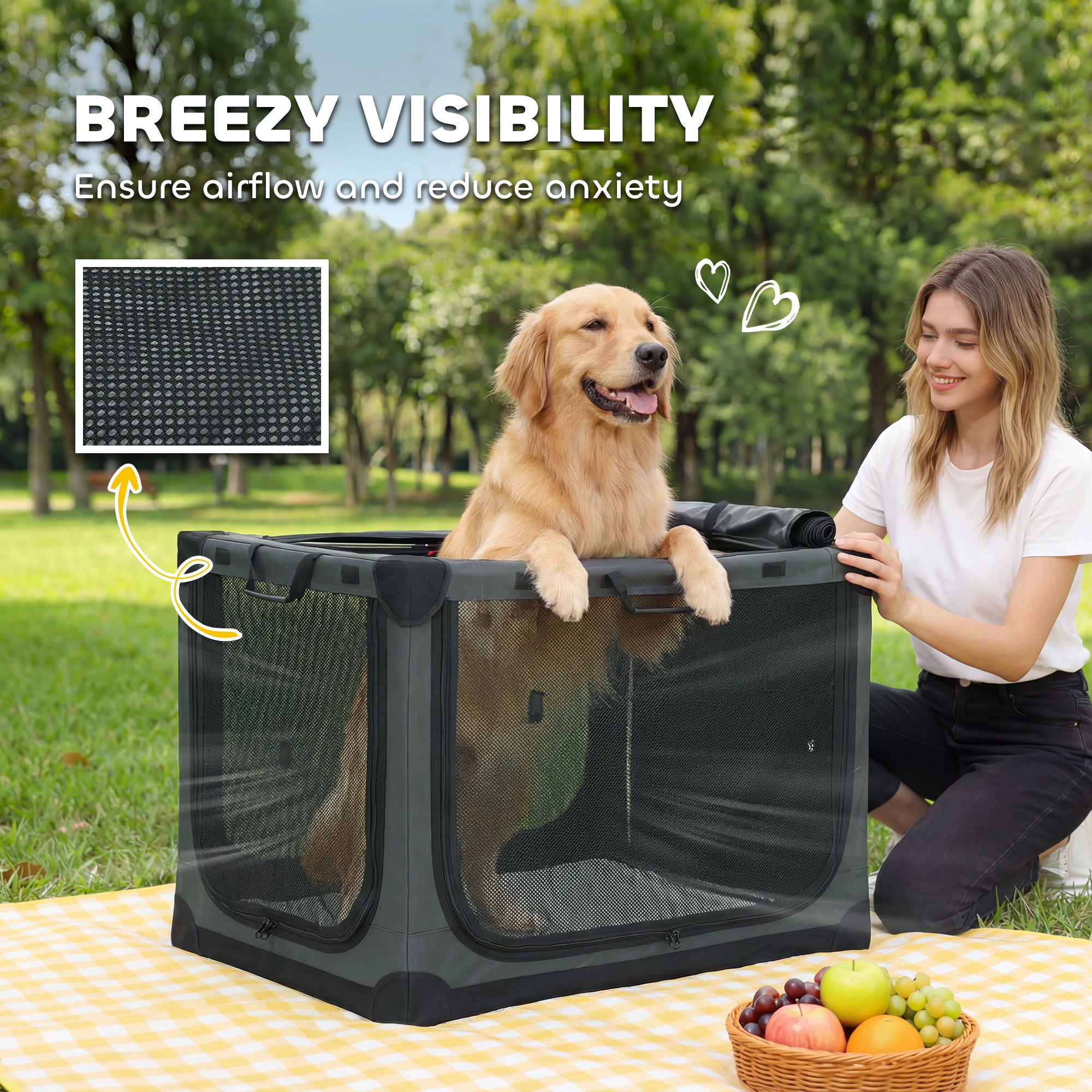 PawHut Soft Dog Crate Pet Travel Crate 90 x 64 x 64 cm with Removable Pad Mesh Window Army Green 