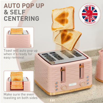 HOMCOM 3000W 1.7L Kettle & 4 Slice Toaster, Kettle and Toaster Set with 7 Browning Controls and Crumb Tray, Light Pink