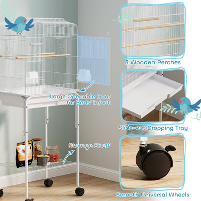 PawHut Bird Cage Budgie Cages for Finch Canary Parakeet with Stand Wheels Slide-out Tray Accessories Storage Shelf, White 