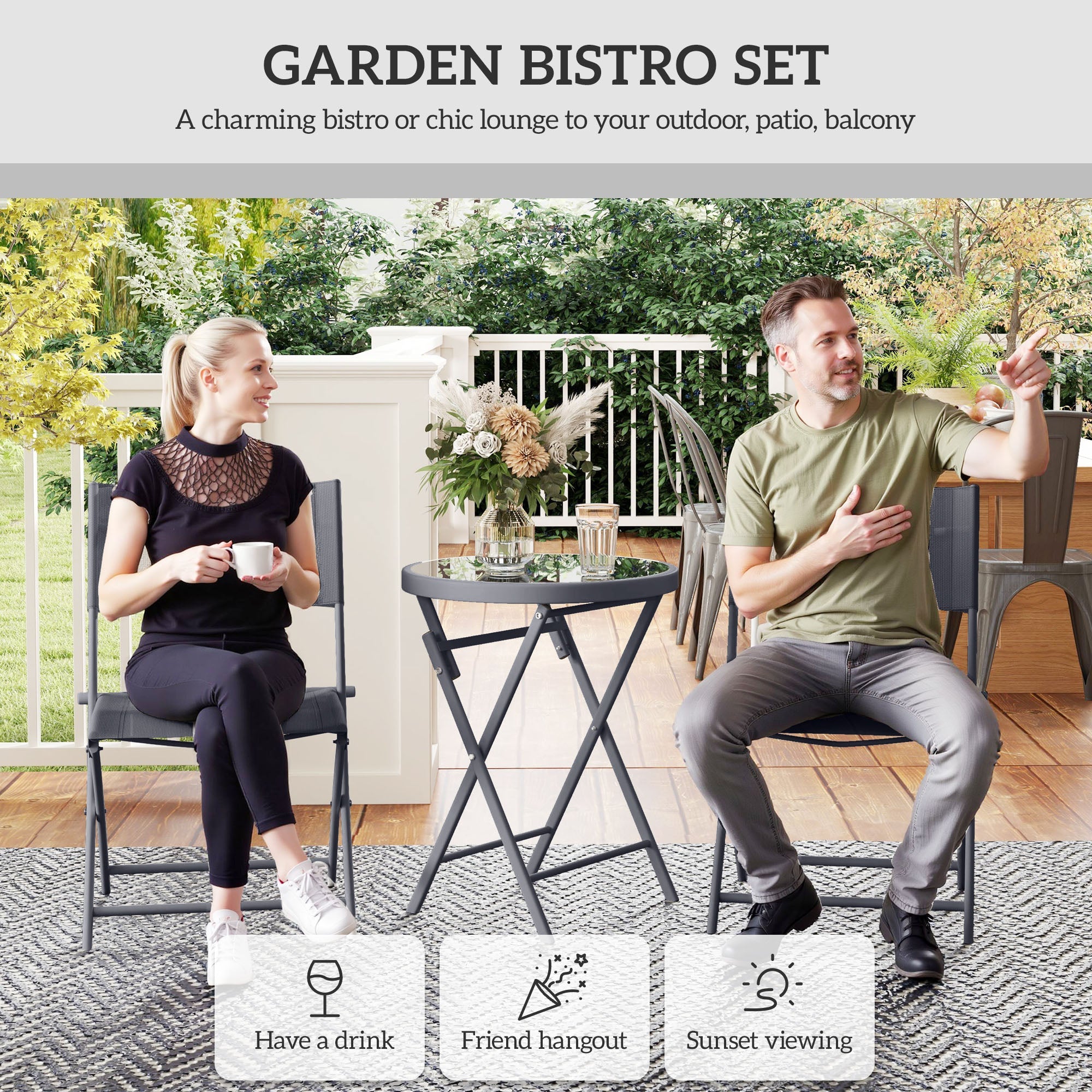 Outsunny 3 Pieces Outdoor Bistro Set, Glass Top Outdoor Table and 2 Folding Chairs with Protecting Feet, Grey 