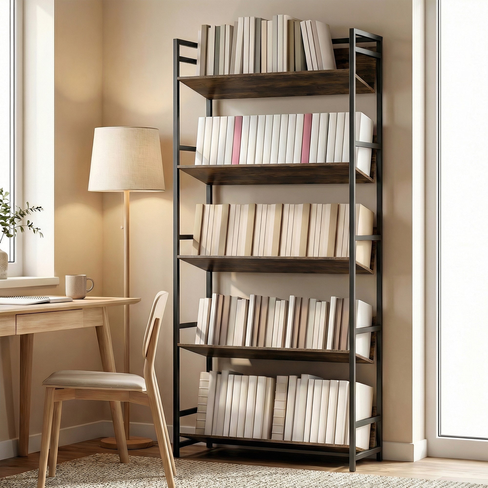 HOMCOM Bookshelf 5-Tier Metal Frame Room Divider Bookcase Storage Shelves for Living Room Rustic Brown 