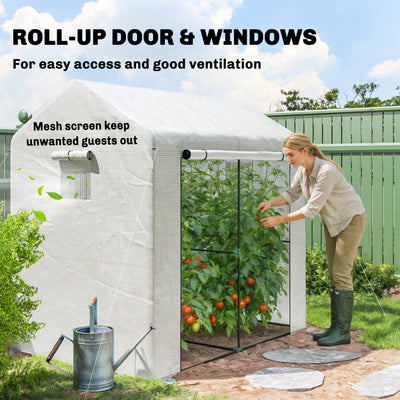 Outsunny Walk-in Greenhouse, Outdoor Tomato Greenhouse with Roll-up Door and Mesh Windows, PE Cover, 200 x 140 x 200cm, White 