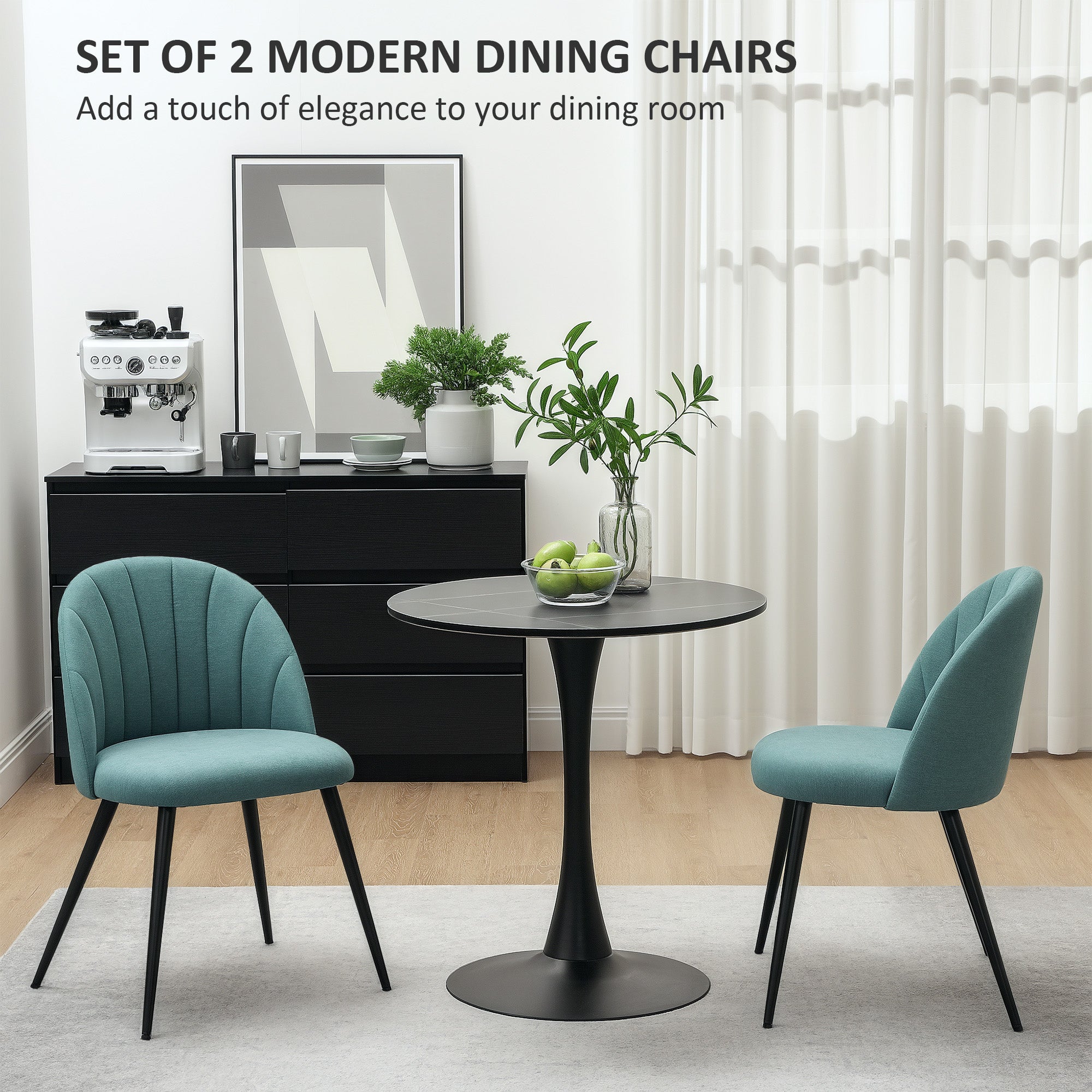 HOMCOM Velvet Dining Chairs Set of 2, Modern Upholstered Kitchen Chairs with Metal Legs, Shell Backrest and Padded Seat for Dining Room, Bedroom, Living Room, Vanity, Green