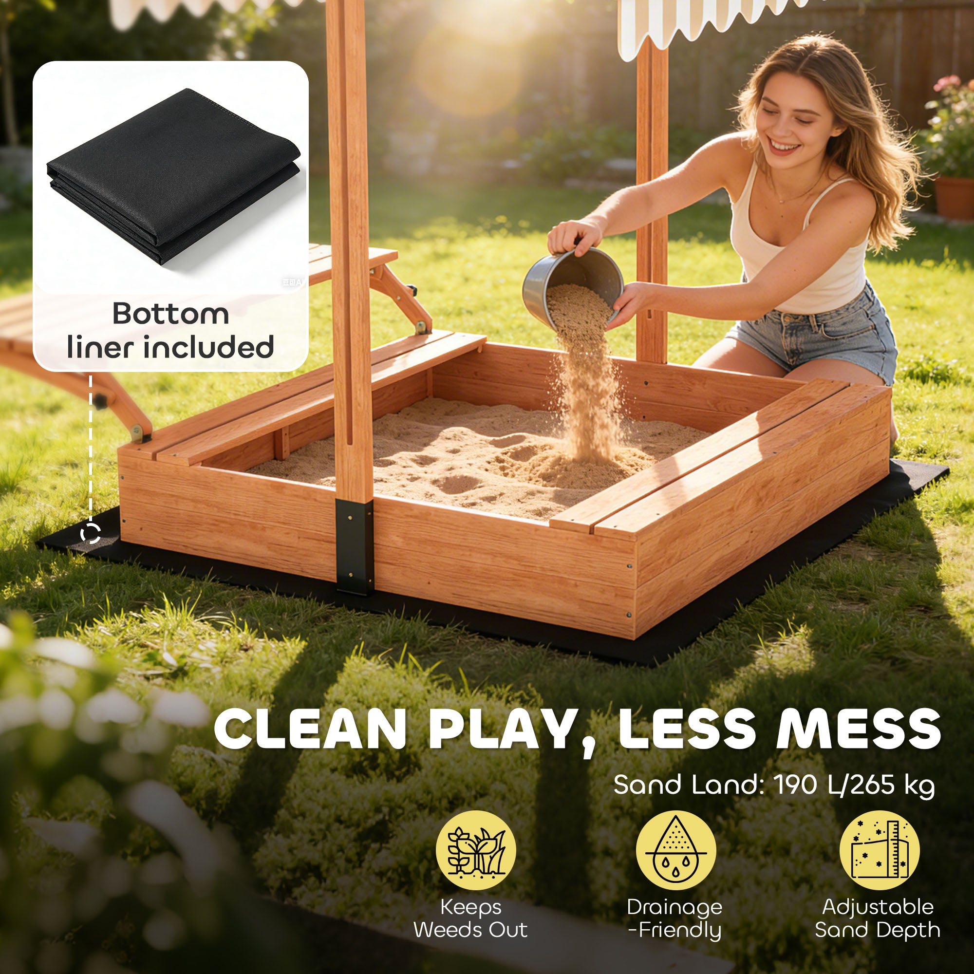 AIYAPLAY Kids Sand Pit with Lid, Wooden Sandpit with Canopy, Foldable Picnic Table, Bench Seats, Bottom Liner for Patio Garden 