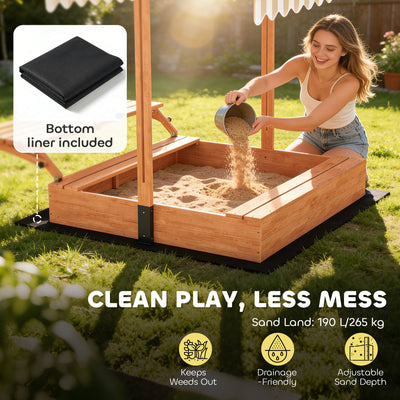 AIYAPLAY Kids Sand Pit with Lid, Wooden Sandpit with Canopy, Foldable Picnic Table, Bench Seats, Bottom Liner for Patio Garden 