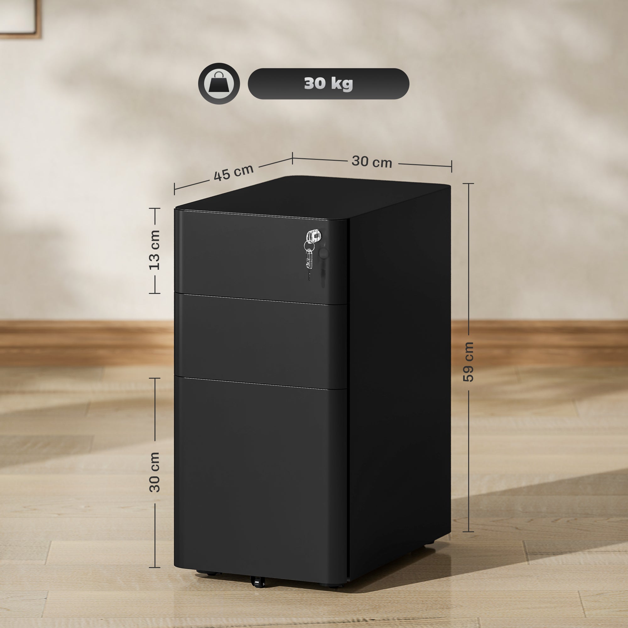Vinsetto 3-Drawer Steel Filing Cabinet with Lock - Black 