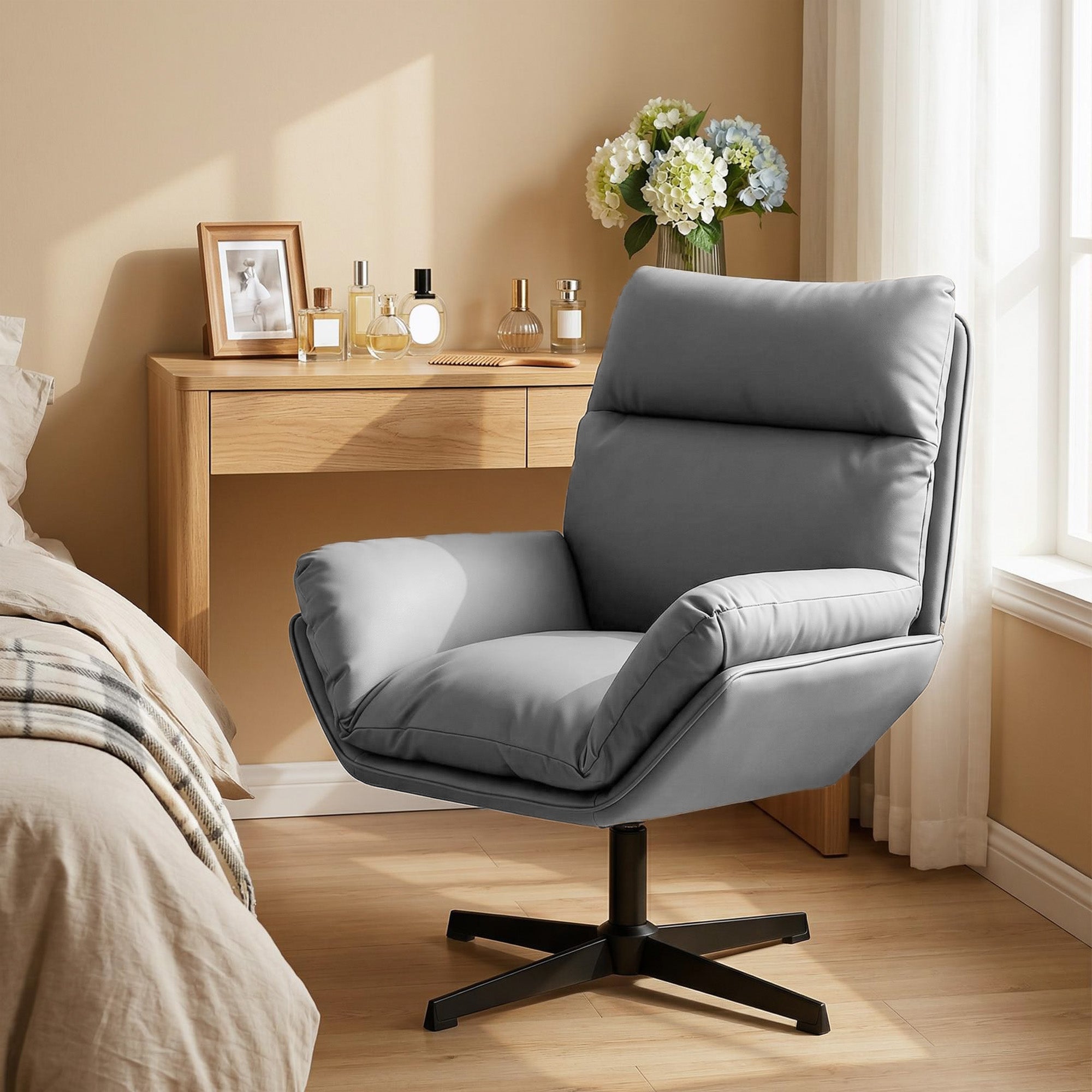 HOMCOM Accent Chair with 360 Swivel Armchair for Living Room with Padded Cushion Dark Grey 