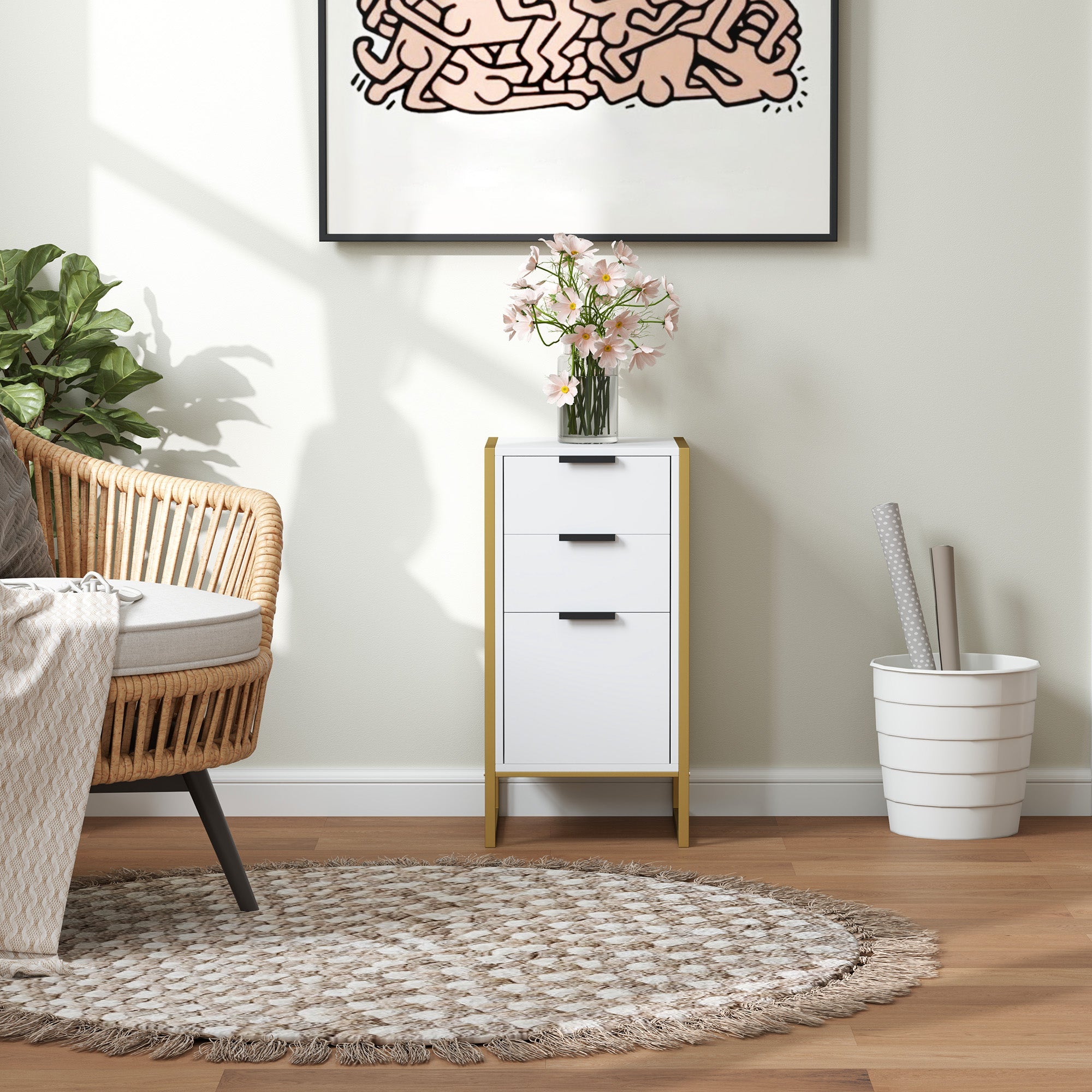 HOMCOM Bedroom Chest of Drawers, Industrial 3-Drawer Dresser, Storage Drawers Unit with Metal Frame for Living Room, White 