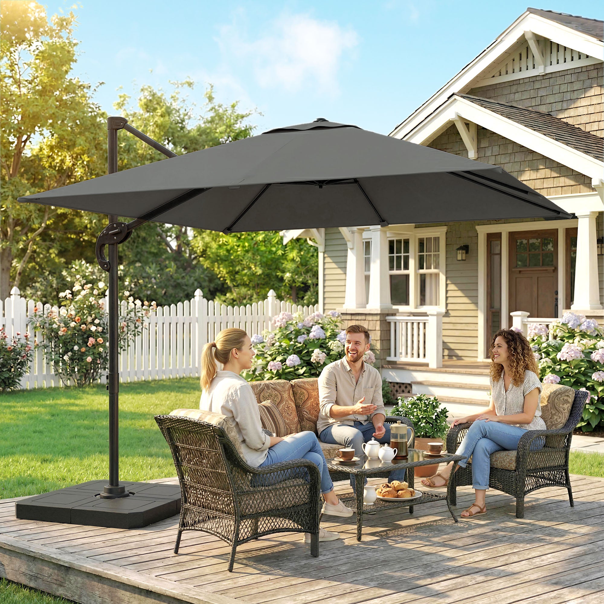 Outsunny 2.4 x 2.4m Cantilever Parasol with Umbrella Weights, UPF50+ Offset Outdoor Umbrella w/ Easy Tilt Adjustment, Dark Grey 