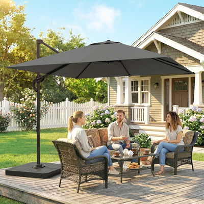 Outsunny 2.4 x 2.4m Cantilever Parasol with Umbrella Weights, UPF50+ Offset Outdoor Umbrella w/ Easy Tilt Adjustment, Dark Grey 
