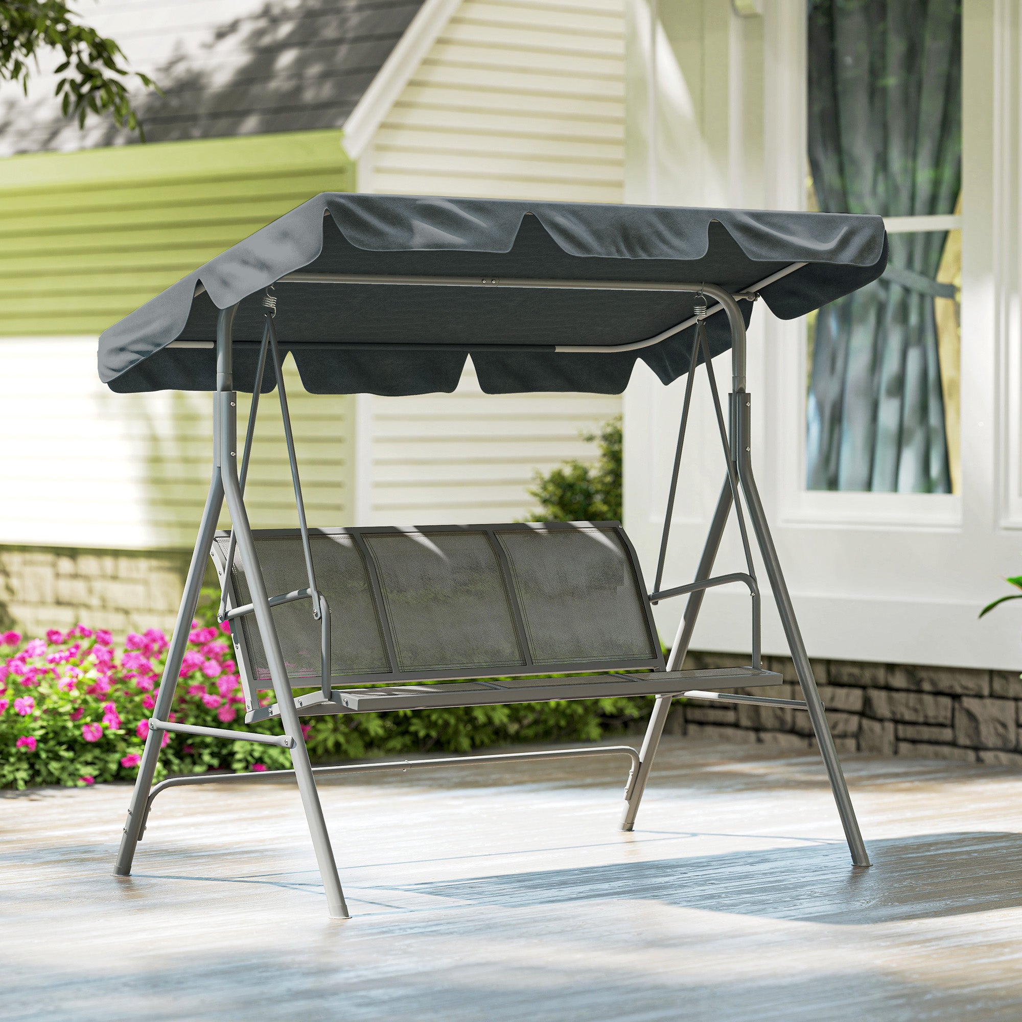 Outsunny 3 Seater Swing Chair, Garden Swing Bench with Adjustable Tilting Canopy, Breathable Mesh Seat and Heavy Duty Metal Frame for Patio, Garden, Dark Grey 