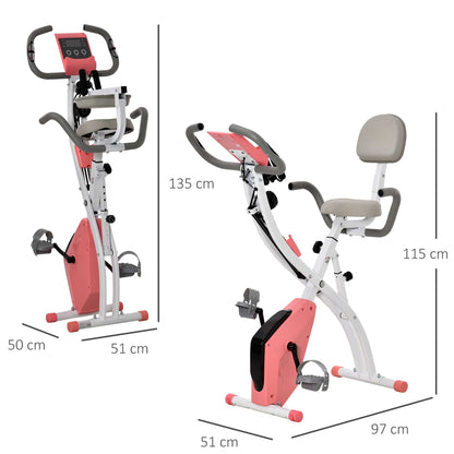HOMCOM 2-in-1 Folding Exercise Bike with 8-Level Magnetic Resistance, Arm Resistance Band, Pulse Sensor, Pink 