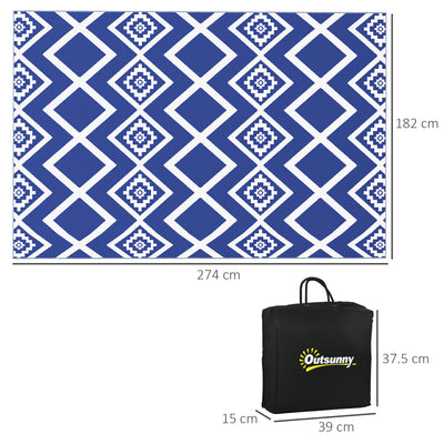 Outsunny Plastic Straw Reversible RV Outdoor Rug with Carry Bag, 182 x 274cm, Blue and White 