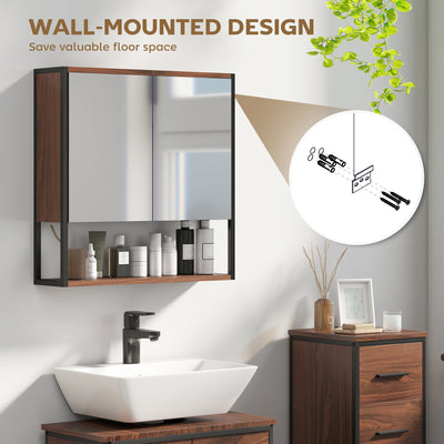 HOMCOM Bathroom Mirror Cabinet with Soft-Close Doors and Adjustable Shelf - Natural Wood Finish 