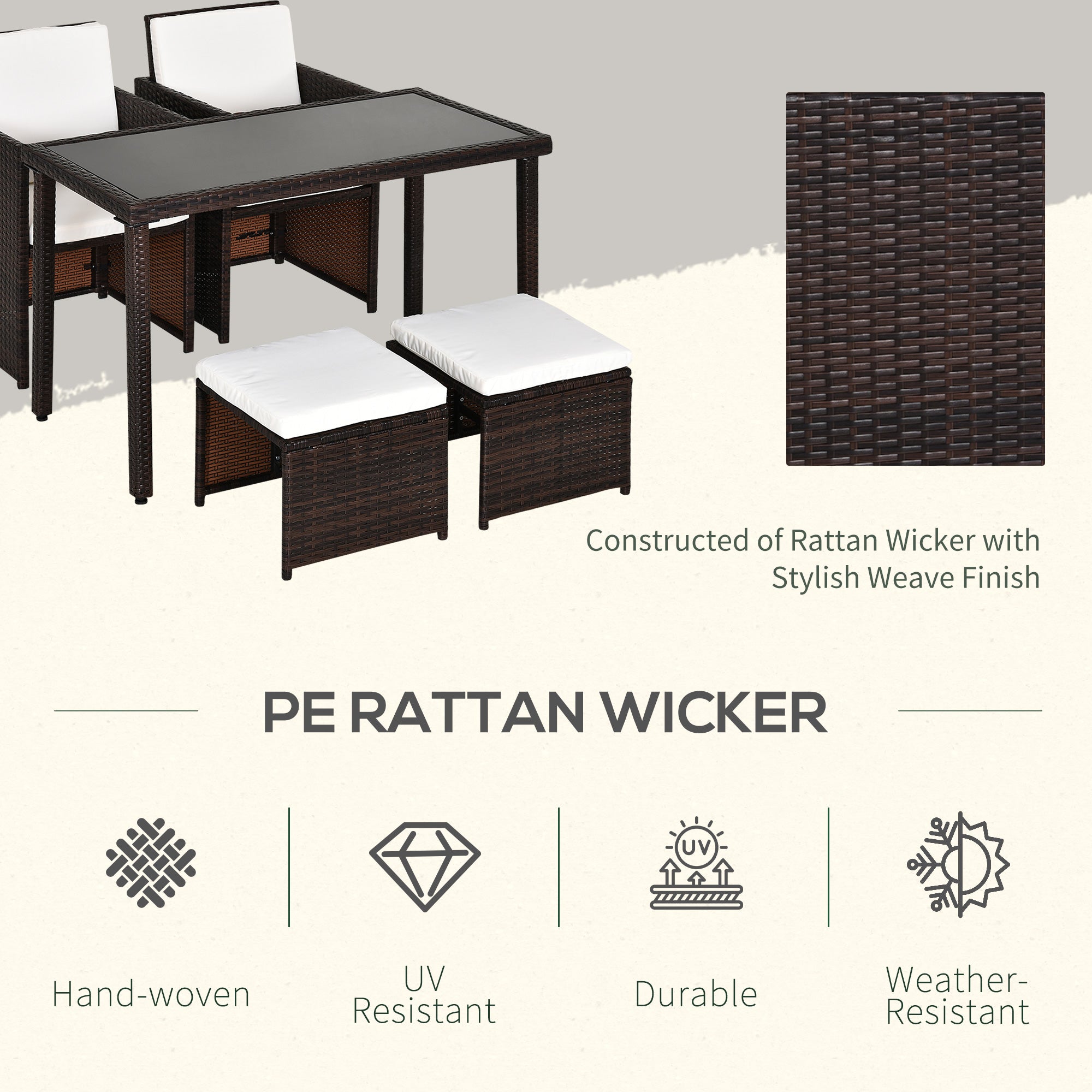 Outsunny 2 Seater Rattan Cube Garden Furniture Set, Rattan Dining Set with Cushions, Outdoor Dining Table and Chairs with 2 Armchairs, 2 Stools, Rectangular Glass Top Table for Patio, Balcony, Brown 