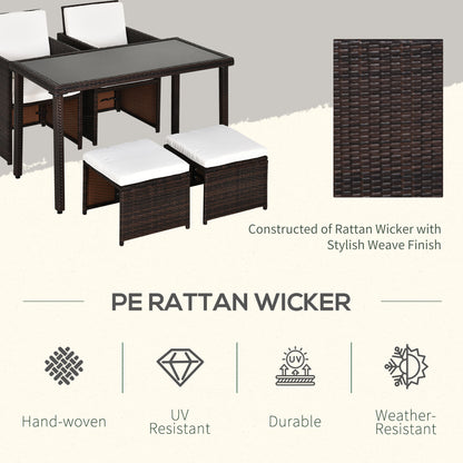 Outsunny 2 Seater Rattan Cube Garden Furniture Set, Rattan Dining Set with Cushions, Outdoor Dining Table and Chairs with 2 Armchairs, 2 Stools, Rectangular Glass Top Table for Patio, Balcony, Brown 