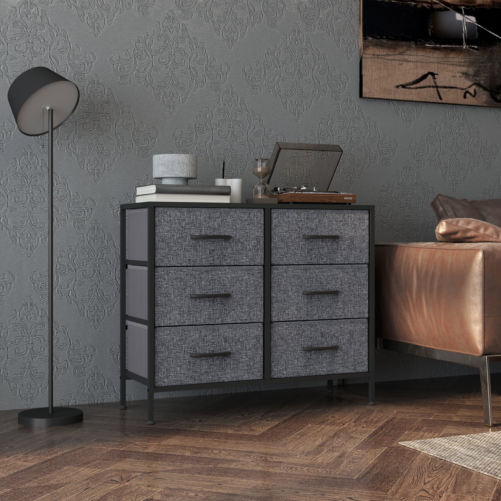 HOMCOM Fabric Chest of Drawers, Storage Drawers, Industrial Bedroom Dresser with 6 Fabric Drawers, Steel Frame and Wooden Top for Nursery, Living Room, Hallway, Black 